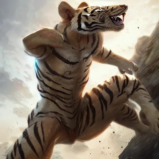 Image similar to a award winning commission of an amthro albino soldier tiger shooting,digitalt art,hyperdetailed,photorealistic,art by greg rutkowski,character design by charles bowater,ross tran,deviantart,artstation,high detailed,cinematic,movie scene,cool,detailed face