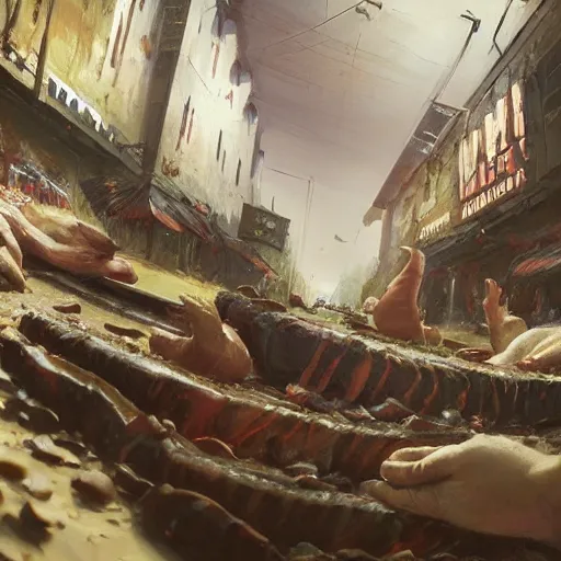 Prompt: low angle, butcher working, artwork by craig mullins, high details, octane, unreal engine, low angle!!!!, from below, worms - eye - view