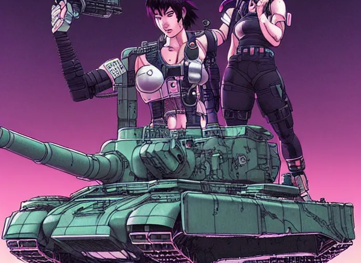 Image similar to motoko kusanagi riding a tank cannon in grungy cyberpunk megacity, intricate and finely detailed, cyberpunk vaporwave, portrait by j scott campbell, phil jimenez, ilya kuvshinov