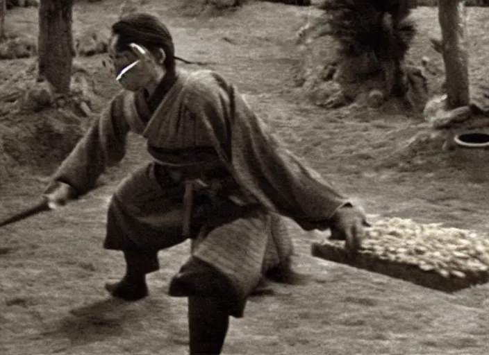 Image similar to a movie still of a samurai slicing through a loaf of bread by Akira Kurosawa