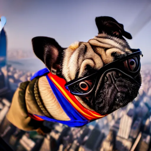 Image similar to A high quality action photo of a pug with old school brown pilot goggles flying like superman towards the camera, high above NYC, motion blur, high detail, zoomed in, fish eye lense