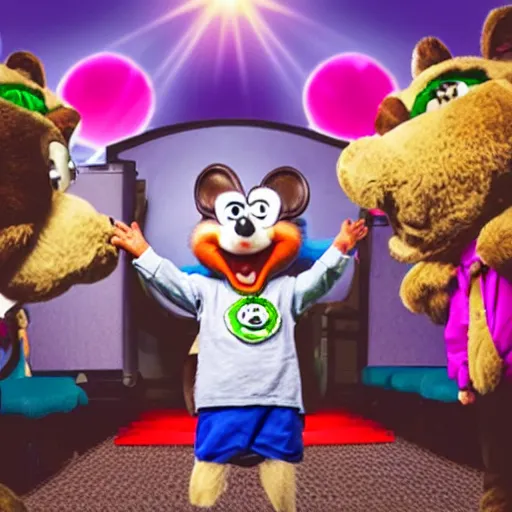 Prompt: photo of Chuck E. Cheese praying at church