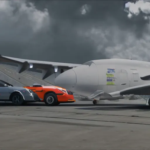 Image similar to porsche gt 3 dropping from a cargo plane in hawaii city, cinematic, 8 k, unreal engine 5