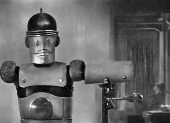 Prompt: A movie still of a 1920s silent film featuring Bender from Futurama