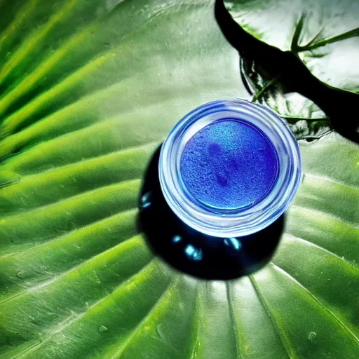 Image similar to perfume bottle sitting on a lilypad in the middle of a blue lake, close up shot, upfront, surrounded by tropical leaves, blurred tropical background, softly - lit, soft - warm, zen, light, modern minimalist f 2 0 clean