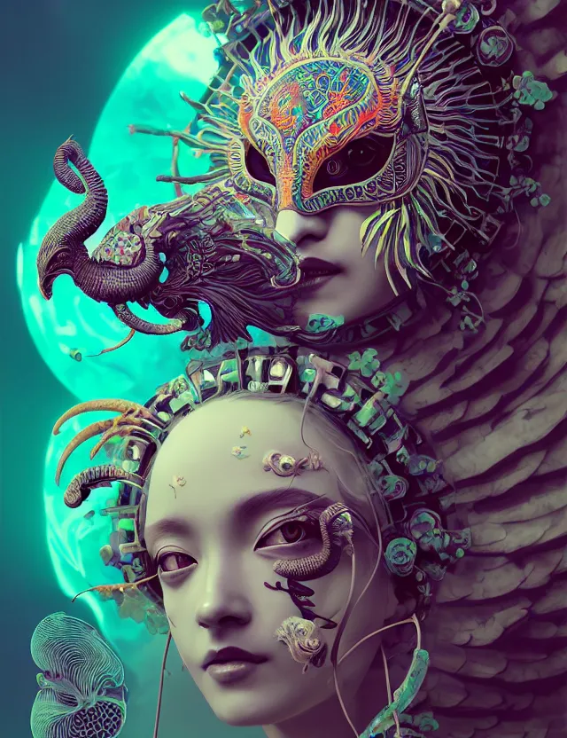 Image similar to 3 d goddess close - up profile solarpunk portrait ram skull. beautiful intricately detailed japanese crow kitsune mask and clasical japanese kimono. betta fish, jellyfish phoenix, bio luminescent, plasma, ice, water, wind, creature, artwork by tooth wu and wlop and beeple and greg rutkowski