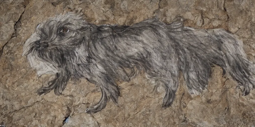 Prompt: A Yorkshire Terrier very roughly sketched on the wall of a cave, a petrogliph, stone art by Pueblan peoples, stone art