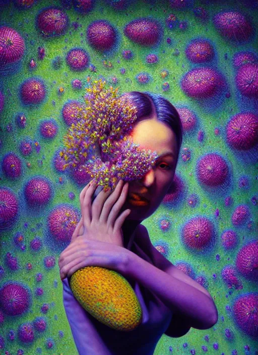 Image similar to hyper detailed 3d render like a Oil painting - Aurora (Singer) Eats of the Strangling Fruit and Her Hands full of gossamer polyp blossoms bring iridescent fungal flowers whose spores black the foolish stars by Jacek Yerka, Mariusz Lewandowski, Houdini algorithmic generative render, Abstract brush strokes, Masterpiece, Edward Hopper and James Gilleard, Zdzislaw Beksinski, Mark Ryden, Wolfgang Lettl, hints of Yayoi Kasuma, octane render, 8k