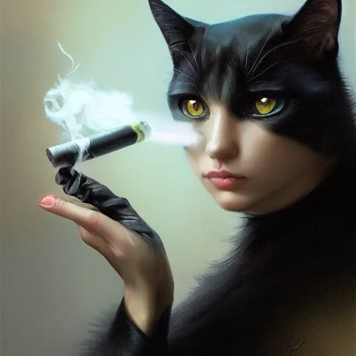 Image similar to a portrait of a black cat smoking a cigarette, fantasy, intricate, cinematic lighting, highly detailed, digital painting, artstation, concept art, smooth, sharp focus, illustration, art by Artgerm and Greg Rutkowski and Alphonse Mucha
