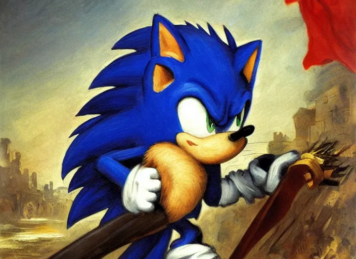 Image similar to romanticism painting of sonic the hedgehog during the french revolution, by eugene delacroix