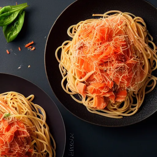 Image similar to spaghetti topped with a blend of smoked salmon and turkey, 8 k resolution, food photography, studio lighting, sharp focus, hyper - detailed