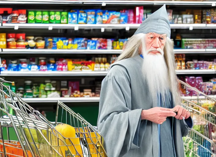 Image similar to digital art of Gandalf wearing wizard hat, stacking supermarket shelves, depressing, sad