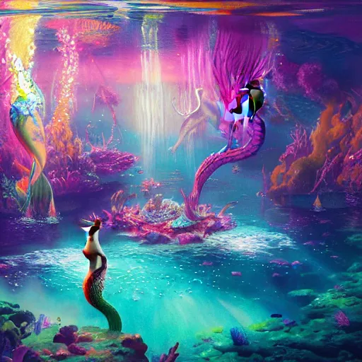 Image similar to a beautiful vivid colorful matte painting of mermaids dancing at an underwater discotheque by Grzegorz greg rutkowski and Tyler Edlin, with a disco ball, under the sea, ocean details, trending on ArtStation hq