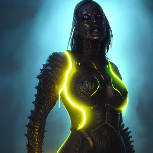 Image similar to dark art, Hot reptile humanoid woman, wearing armor, glowing yellow eyes, burning world, futuristic, digital art, artstation, concept art, 4k, 8k