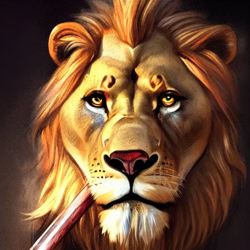 Image similar to an anthropomorphic half lion half human holding a wand,wizard,fantasy art,digital art,art by greg rutkowski,realiatic,photorealistic,hyperdetailed,detailed face,professional lighting,mysterious