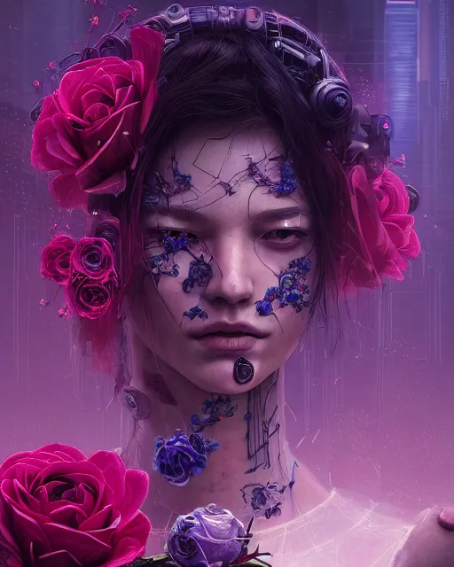 Image similar to portrait of a female face with roses instead of eyes, cyberpunk cyborg. roses, sci - fi, intricate abstract upper body intricate artwork, by tooth wu, wlop, beeple, dan mumford. concept art, octane render, deviantart, greg rutkowski, cinematic arthouse, key art, hyper realism, iridescent accents