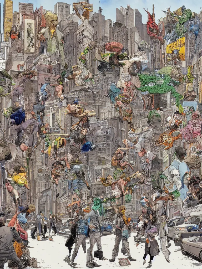 Image similar to busy futurepunk streetcorner, intricate colorful watercolor and ink artwork by geoff darrow. trending on artstation, very coherent symmetrical artwork. cinematic, hyper realism, high detail