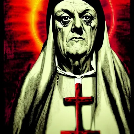 Image similar to graphic illustration, creative design, aleister crowley as a nun, biopunk, francis bacon, highly detailed, hunter s thompson, concept art