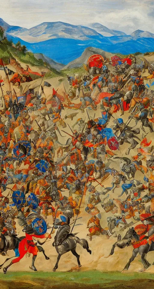 Image similar to colorful simple wideshot of a small medieval battle in front of a beautiful large blue mountainscape, painting