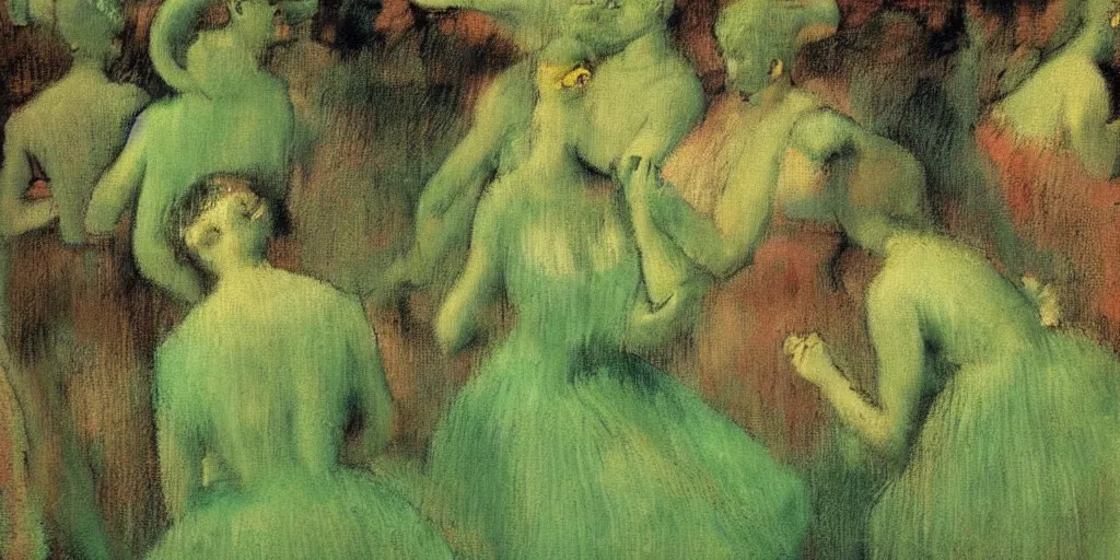 Image similar to tall terrifying green aliens sitting in a circle. in the victorian era. in the style of an impressionist painting. edgar degas