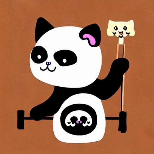 Image similar to kids drawning of a cute kitten with panda body and cat face, in a kimono, holds a sword