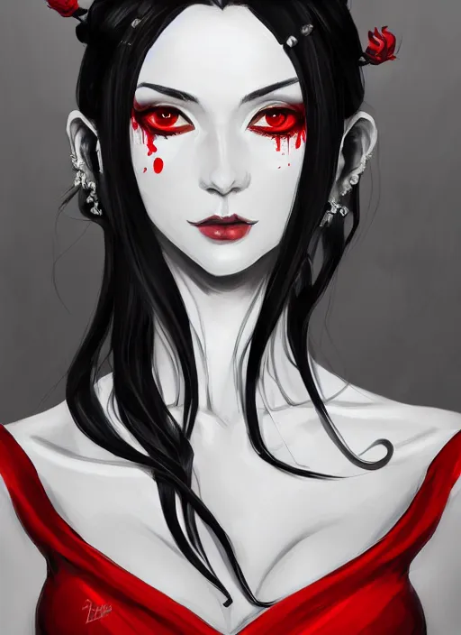 Prompt: a highly detailed illustration of beautiful long hime cut black hair white woman wearing a red dress, red eyes, dramatic smile pose, intricate, elegant, highly detailed, centered, digital painting, artstation, concept art, smooth, sharp focus, league of legends concept art, WLOP