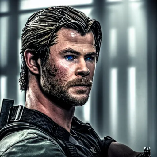 Prompt: chris hemsworth as chris refield in resident evil, 4k, high detail, high-resolution photograph, professional photography