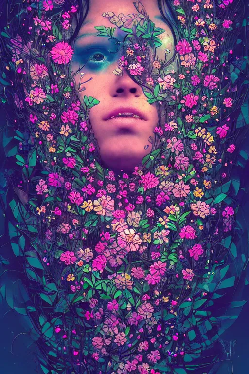 Image similar to night sky full of flowers, cyberpunk art, floating detailes, leaves b, kenneth blom, mental alchemy, pablo amaringo, naudline pierre, contemporary art, hyper detailed, photorealistic,