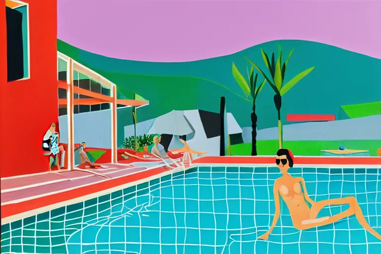 Prompt: woman with cocktail by the pool, zombie man swimming with modernistic house in the background, trending on artstation, oil on canvas, style of david hockney and jonas wood