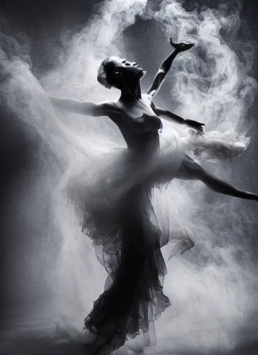 Image similar to a Photorealistic dramatic hyperrealistic render of a glamorous beautiful Female smoke dancer by Ken Brower and Deborah Ory of NYC Dance project,Lois Greenfield,Flowing cloth and smoke,Beautiful dynamic dramatic dark moody lighting,volumetric,shadows,cinematic atmosphere,Octane render,8K