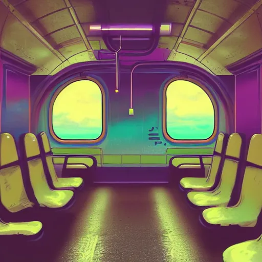 Image similar to lofi vaporwave retro futurism album artwork underground unknown artist sitting on a train