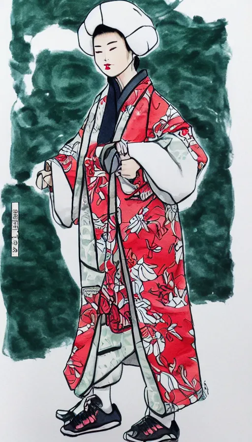 Prompt: a copic markers sketch of a japanese miko wearing a puffy kimono anorak and tight leggings yeezy 5 0 0 sneakers