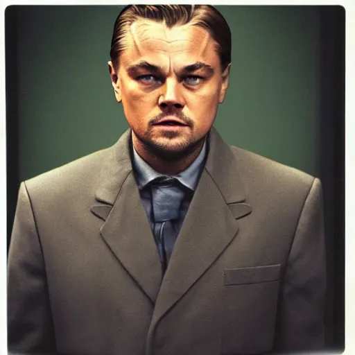 Image similar to sad Leonardo DiCaprio dressed in hev suit from half-life 2 in laboratory background, polaroid photo, very detailed