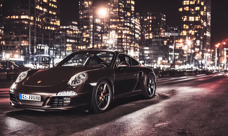 Prompt: photo of a porsche 911 at night in a city, cinematic, 4k, panavision, long exposure photography