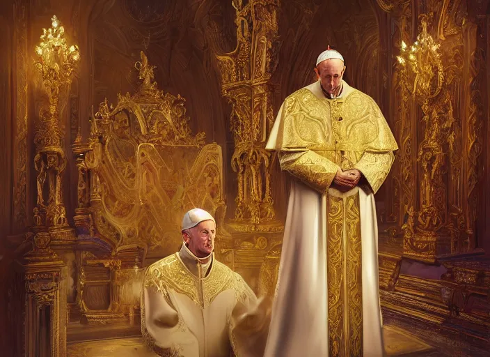 Image similar to kneeling before the pope, royal robe, gold trim, light effect, hyper detailed, intricate, atmospheric, elegant, photorealistic by paul lehr, marco mazzoni, featured on cgsociety, rococo, whimsical, artstation