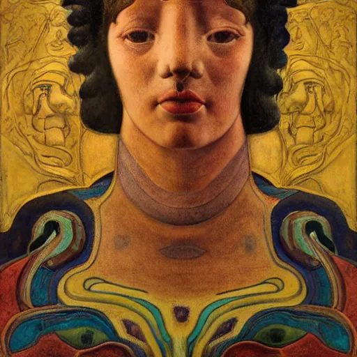 Image similar to the little robor queen, by annie swynnerton and diego rivera and lucien freud and jean delville, symbolist, dramatic lighting, elaborate geometric ornament, head and shoulders view, art brut, soft pastel colors, smooth, sharp focus, extremely detailed, adolf wolfli, leo and diane dillon, nicholas roerich