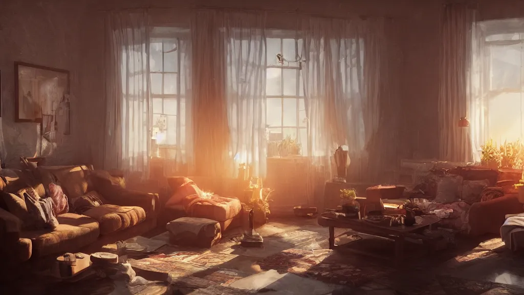 Prompt: a photorealistic hyperrealistic render of an interior of a beautifully decorated cozy living room by pixar, greg rutkowski, wlop, artgerm, dramatic moody sunset lighting, long shadows, volumetric, cinematic atmosphere, octane render, artstation, 8 k