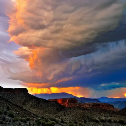 Prompt: thunderous furious storm clouds roll in over a very very very very beautiful canyon sunset