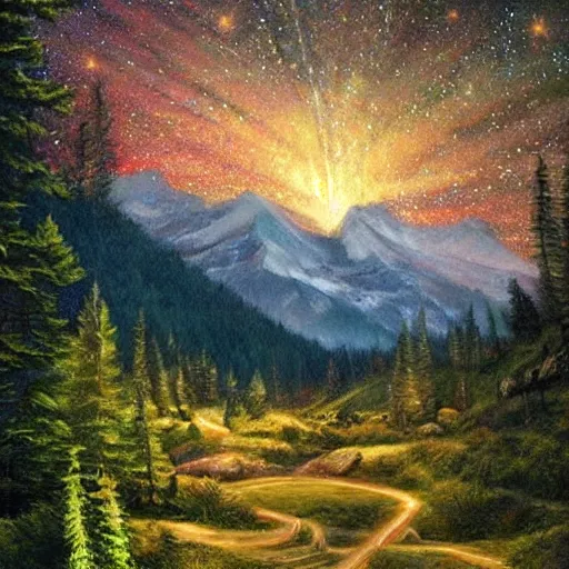 Prompt: incredible scenery mountainscape picturesque forest woods at night countryside beautiful stars stars in the sky by james gurney artstation hyperrealism photo - realistic lifelike photography photorealistic