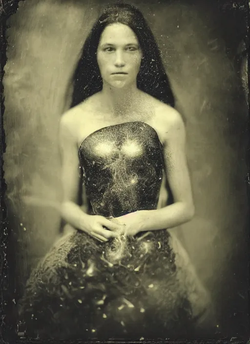 Image similar to old wetplate daguerreotype portrait of the birth of a female super hero, explosion of data fragments, fractal, intricate, elegant, highly detailed, parallax, leica, medium format, subsurface scattering, by jheronimus bosch and greg rutkowski and louis jacques mande daguerre