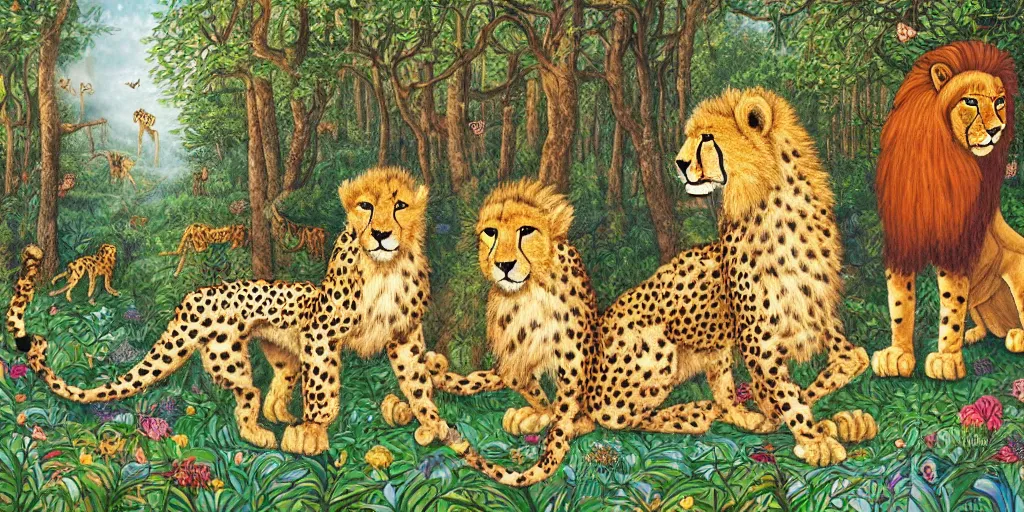 Image similar to cheetah and lion in front of birthday table in fairytale forest , huge scale, high detail, intricate by Axel Scheffler