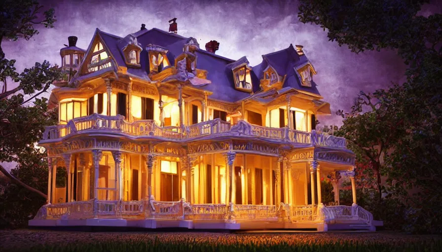 Prompt: photorealistic claymation art of a victorian house on top of a floating island, elegant, candle lighting, extremely detailed, realistic, art galery