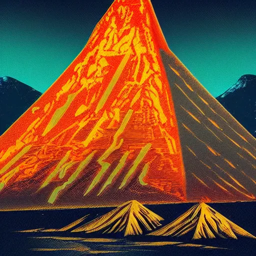 Prompt: a volcano in eruption and ancient pyramids, retrowave art, cyberpunk, trending on art station