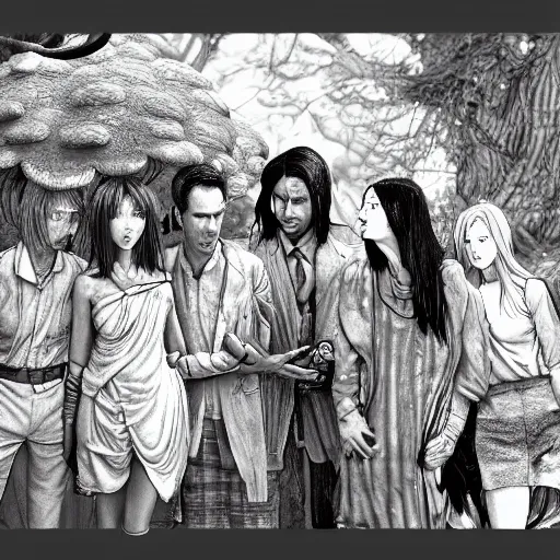 Image similar to mushroom goddess with group of elders, discussing the new season of friends, cynical realism, hiroya oku painterly, yoshitaka amano, chris cunningham, black and white, beautiful lighting, manga in the style of drummond, 3 d render, 8 k