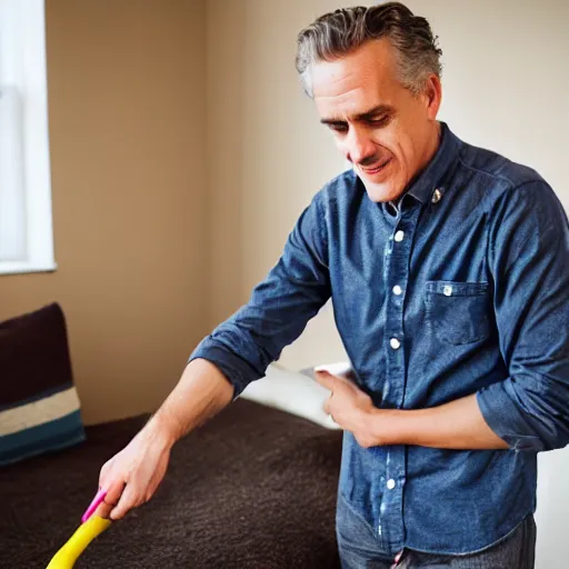 Image similar to jordan peterson cleaning his room, 85mm f/1.3