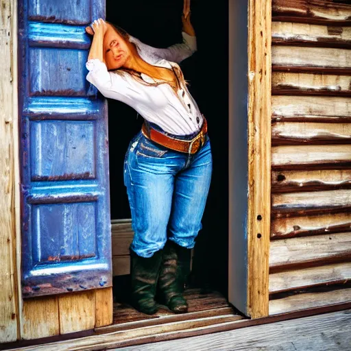 Prompt: cowgirl leaning up against the door frame of saloon with one thumb hooked on belt loop