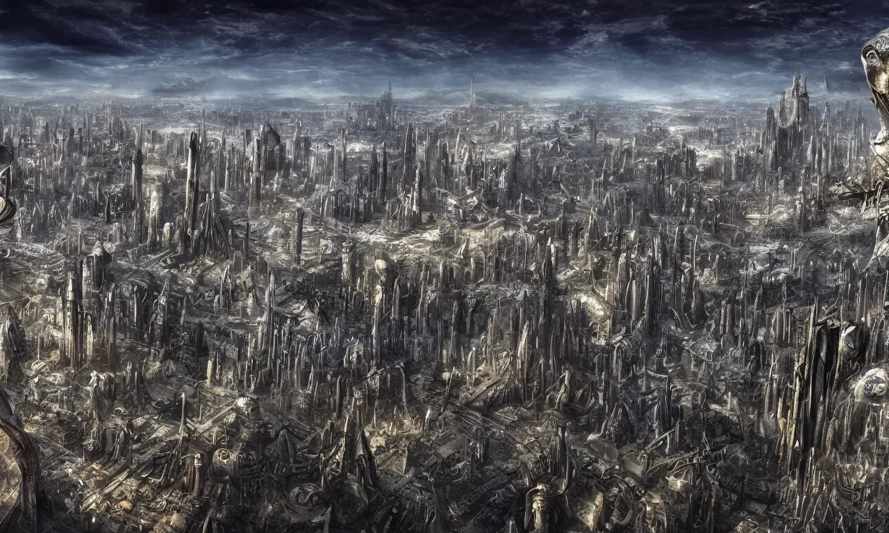 Prompt: a horrific view of a giant alien city, surrealism in the syle of Hans Ruedi Giger, Ultra HD wallpaper, 4k resolution