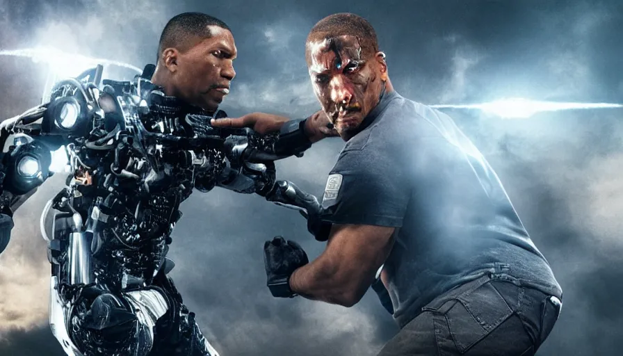 Image similar to big budget action movie about cyborg fighting a policeman