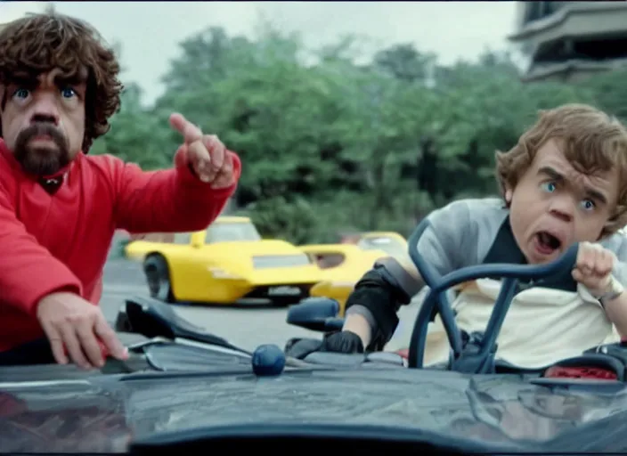 Image similar to peter dinklage racing gary coleman driving a little tikes cars in japan, movie still, from the new fast and furious movie, 8 k, realistic