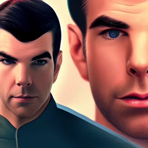 Image similar to ZACHARY QUINTO SPOCK kissing CHRIS PINE KIRK, hyperdetailed + artstation + cgsociety + 8k